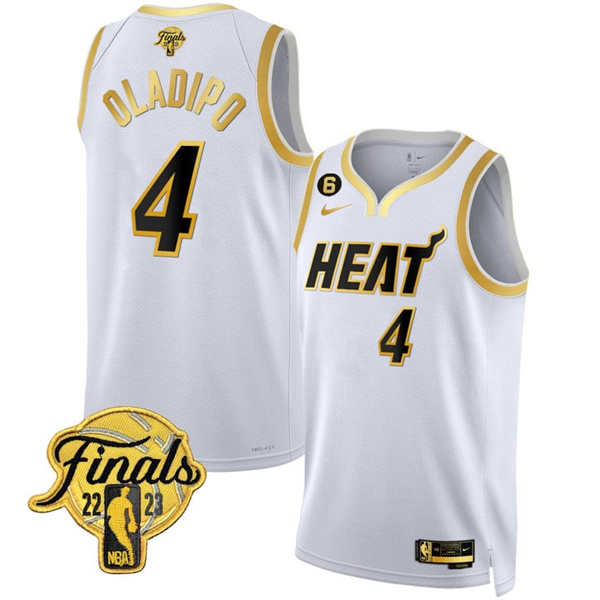 Men's Miami Heat #4 Victor Oladipo White Gold Edition 2023 Finals Collection With NO.6 Patch Stitched Basketball Jersey